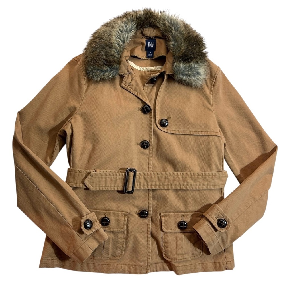 Vintage GAP Coat Jacket Utility Faux Fur Collar Liner Belted Medium Brown Y2K